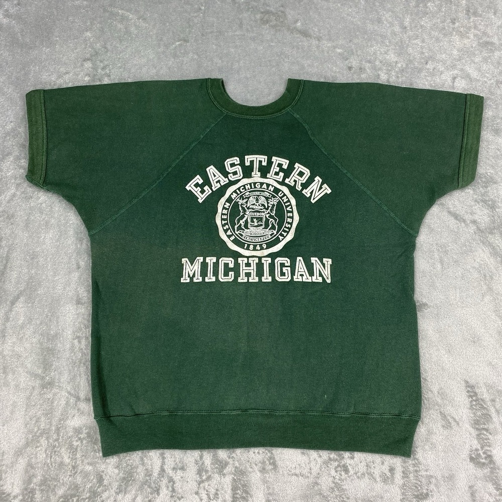 Vtg Champion Sweatshirt Size L Eastern MI Running Man Short Sleeve Flock 1960s